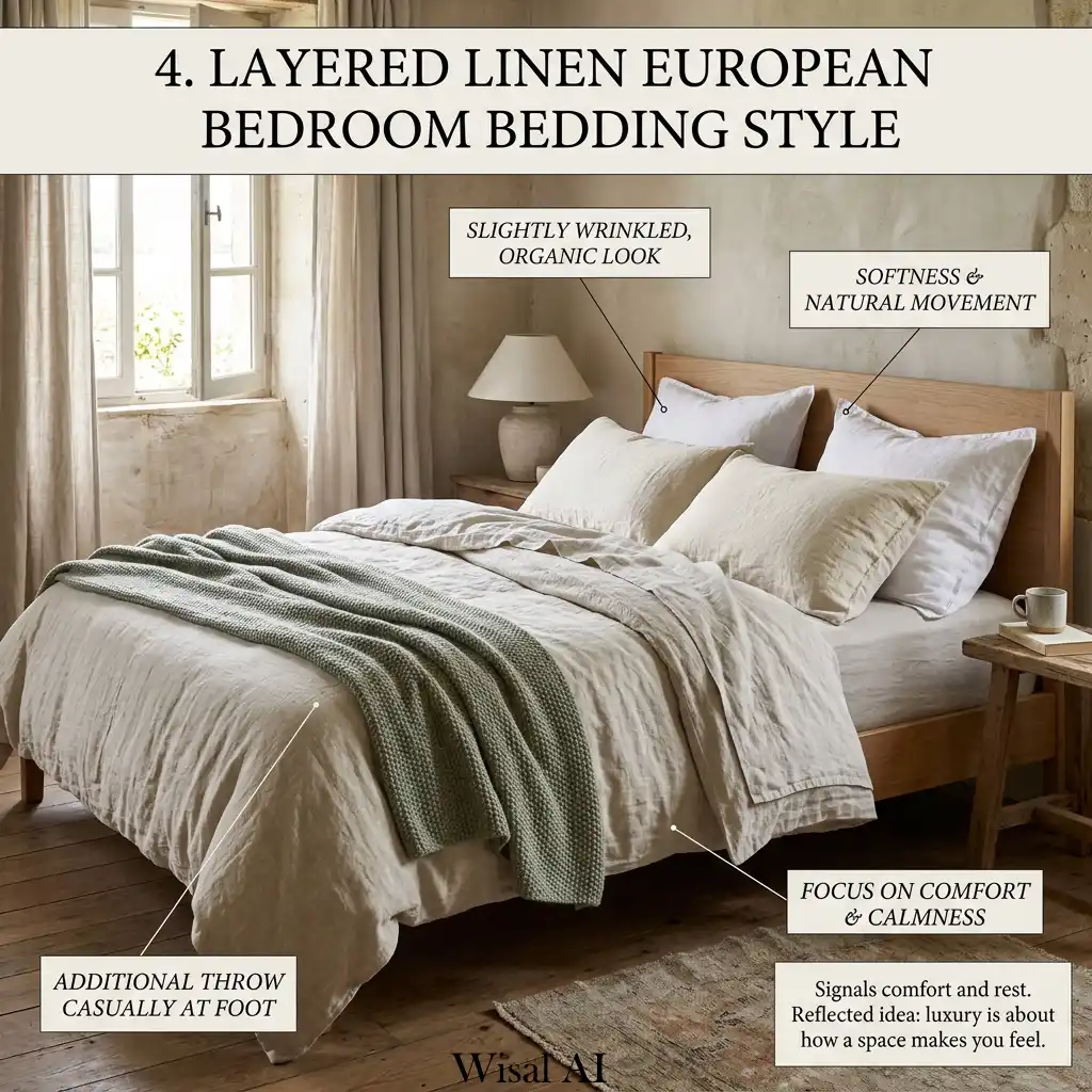 Cozy European bedroom with layered linen bedding and soft textured fabrics
