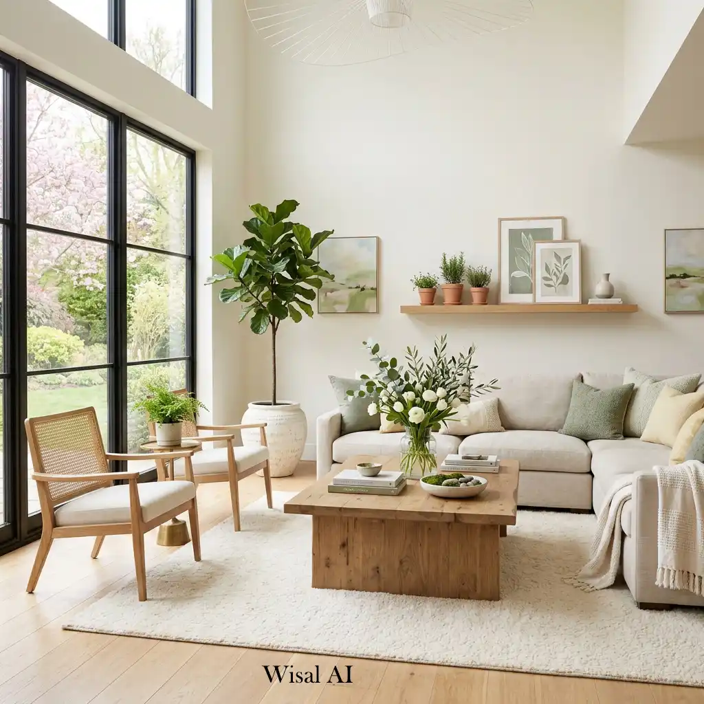 Luxury spring living room with natural green plants and accents.