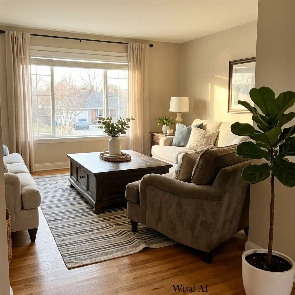 Spacious living room with clear walkways and a functional furniture layout.