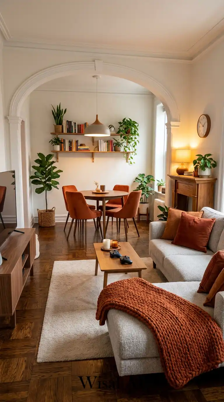 14.Cozy Small Living Room with Dining Table and Fireplace