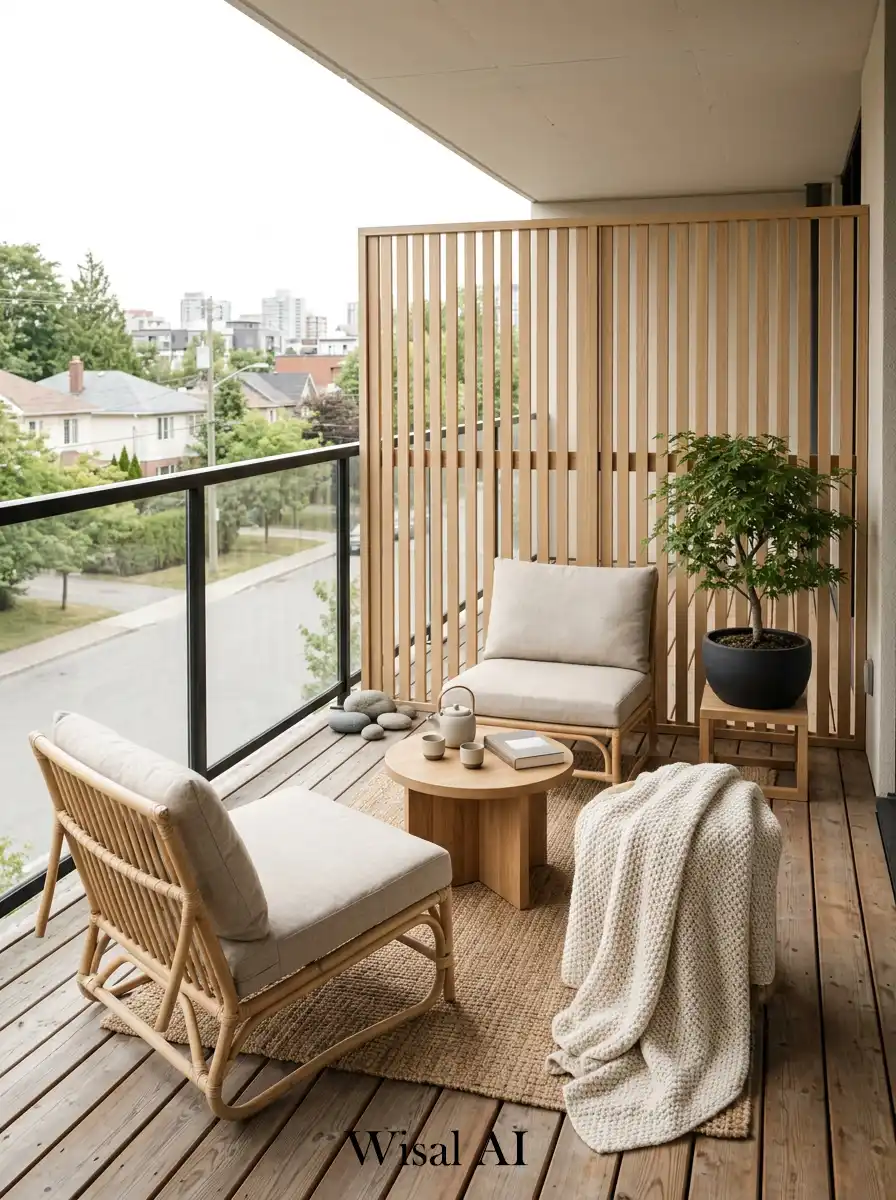 Minimal Japandi balcony with warm wood tones and calming neutral outdoor styling.