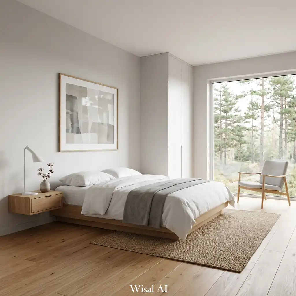 Clean minimalist bedroom with white walls and simple functional furniture
