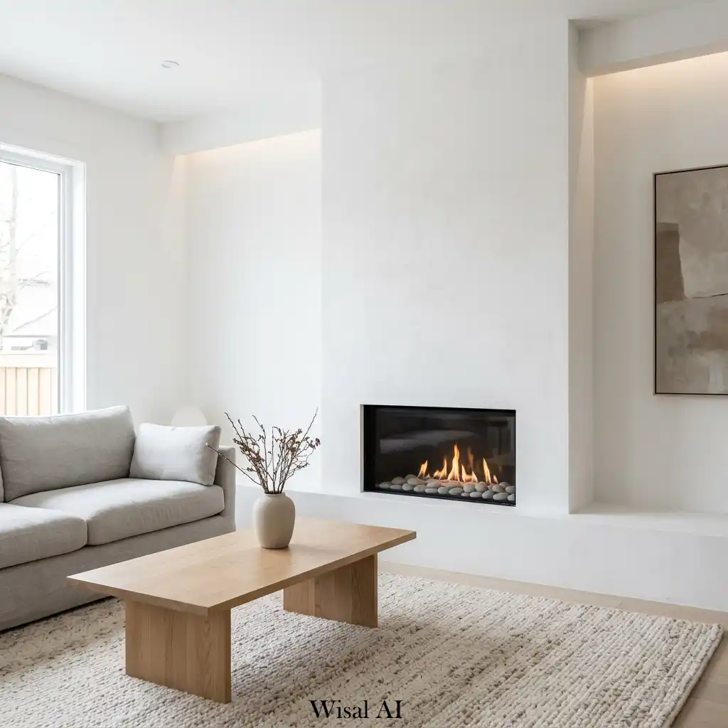 Minimalist white fireplace with clean lines and Scandinavian-inspired design