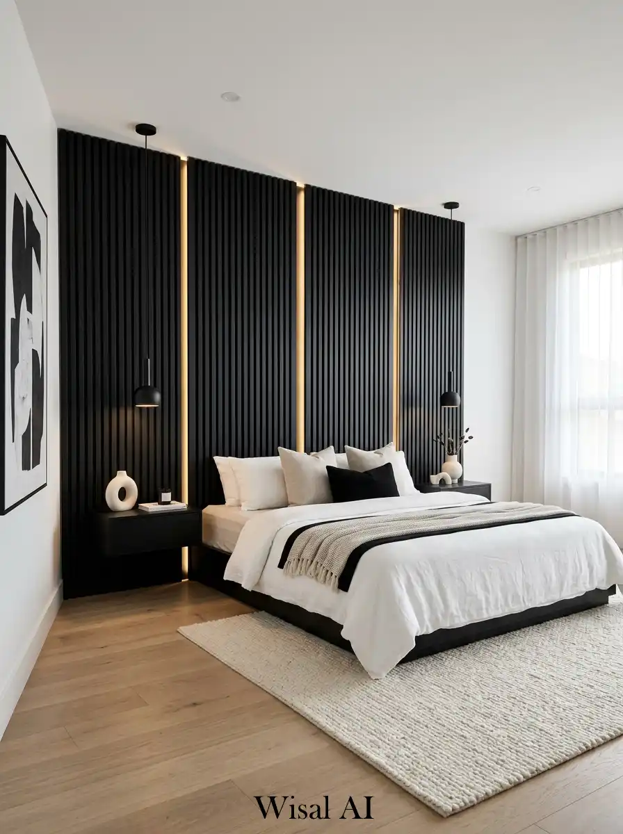 . Modern Black and White Bedroom with Statement Wall Design