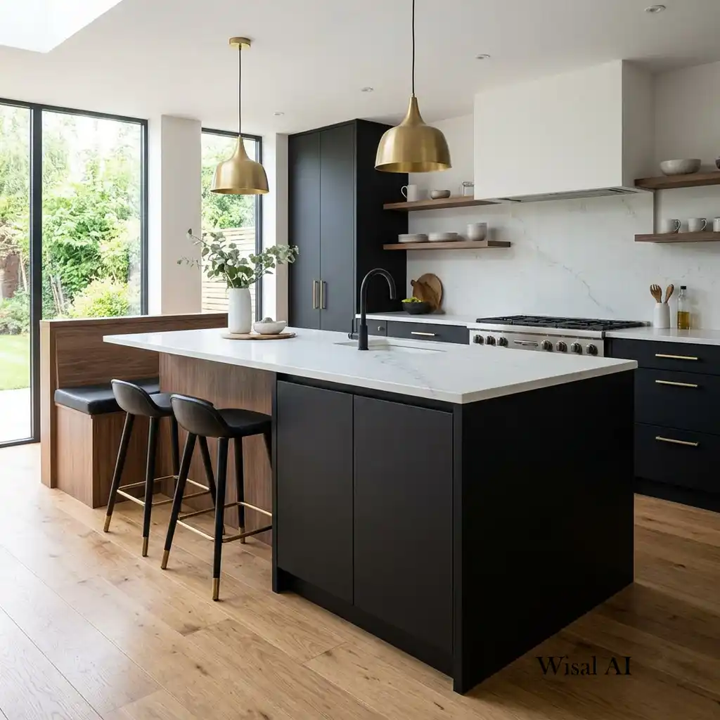 Modern black kitchen island with built-in seating and white quartz countertops.