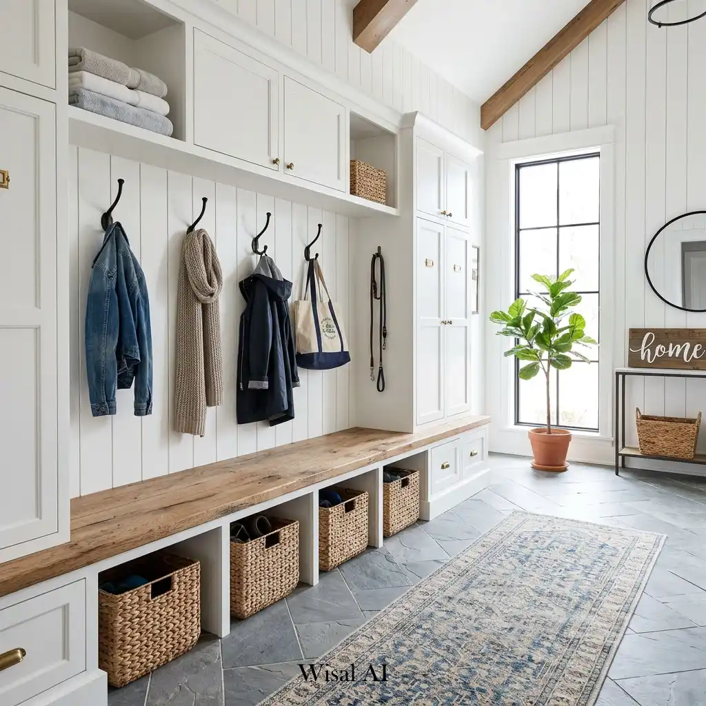 Modern farmhouse mudroom with wood bench, shiplap walls, and practical storage solutions