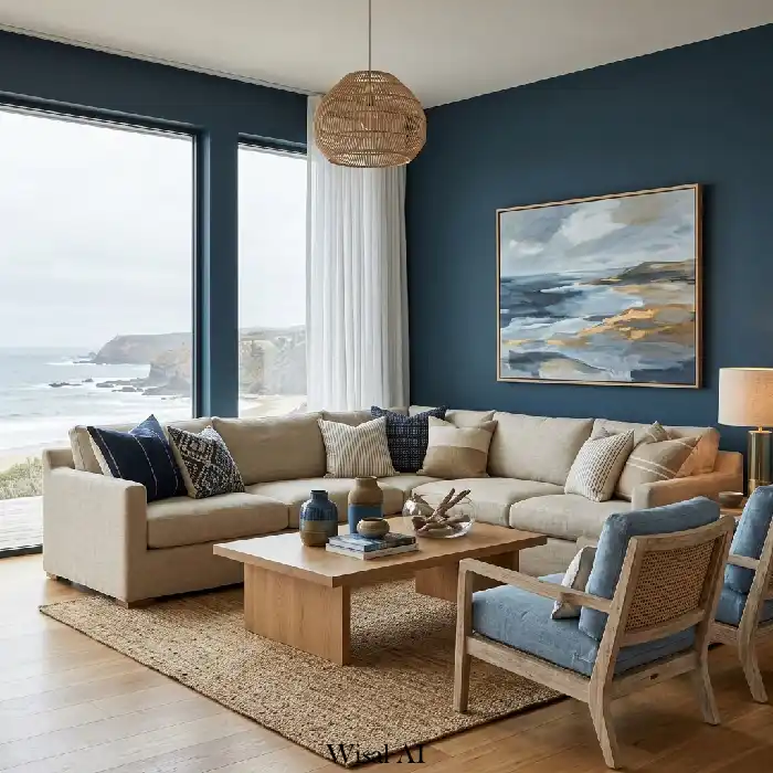 Cozy moody blue reading corner with bookshelf, soft lighting, and warm textures
