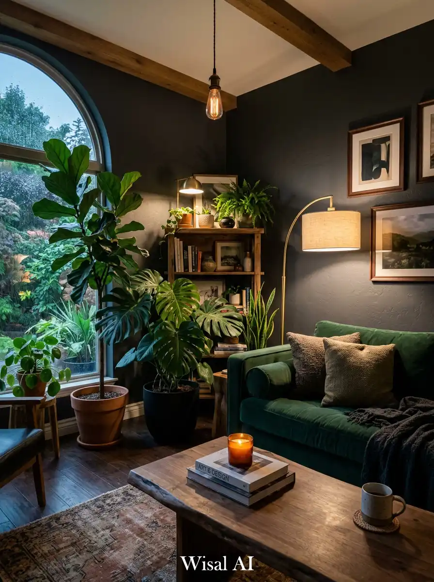 4. Moody Living Room with Indoor Plants Contrast