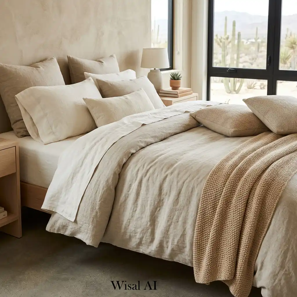 Layered linen bedding in desert inspired retreat
