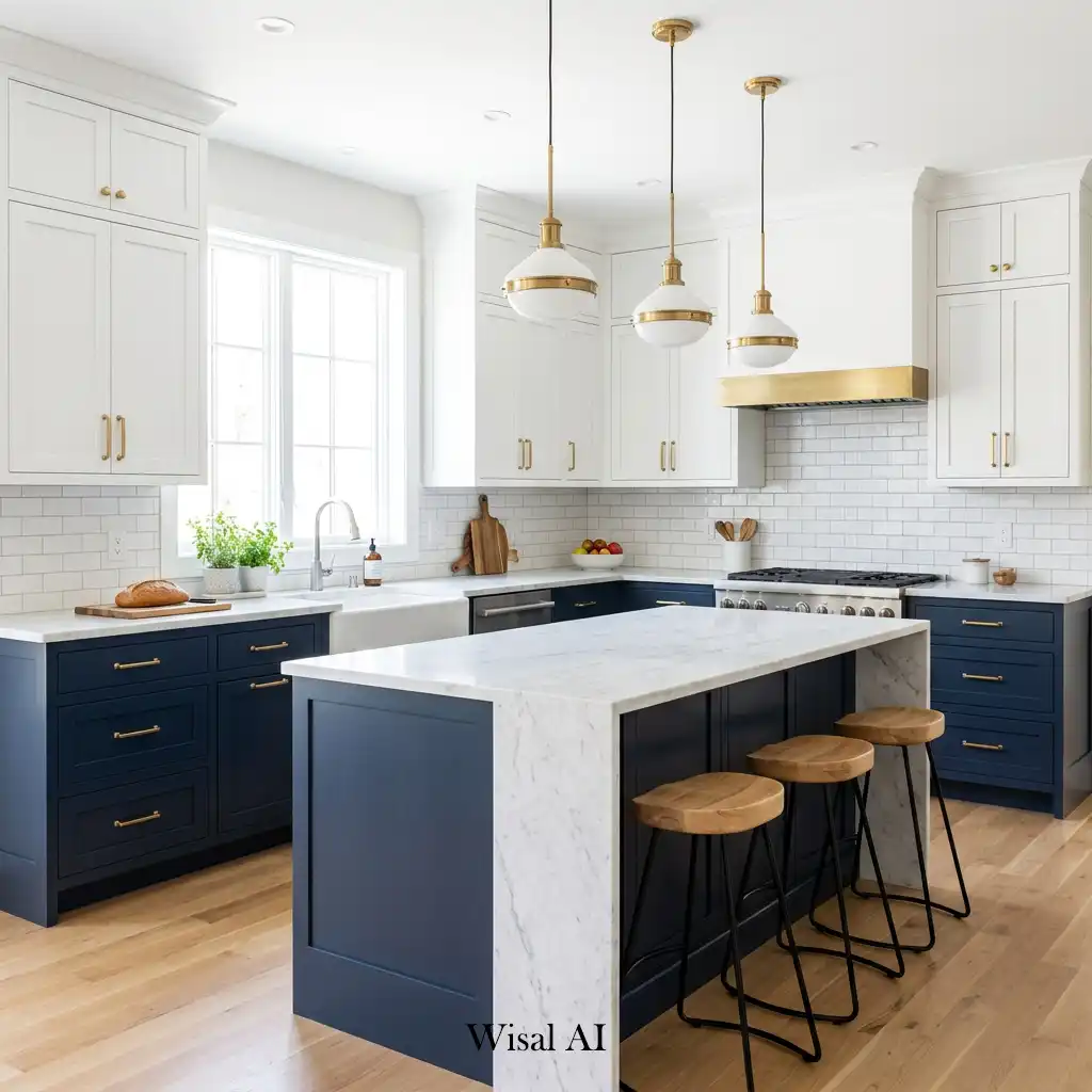 Elegant navy blue and white two-tone kitchen with brass accents