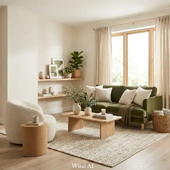 Olive green and cream living room with soft textiles, natural wood, and cozy atmosphere