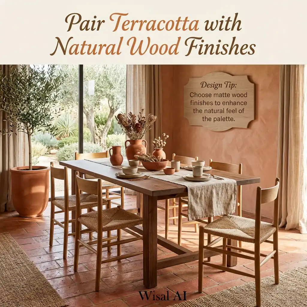 Modern interior combining terracotta tones with natural wood