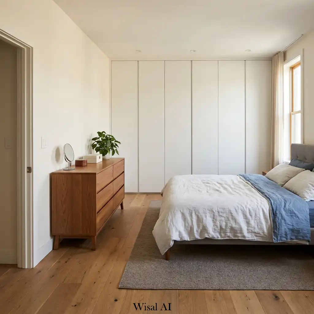 Practical bedroom storage layout with dresser and wardrobe positioned efficiently.