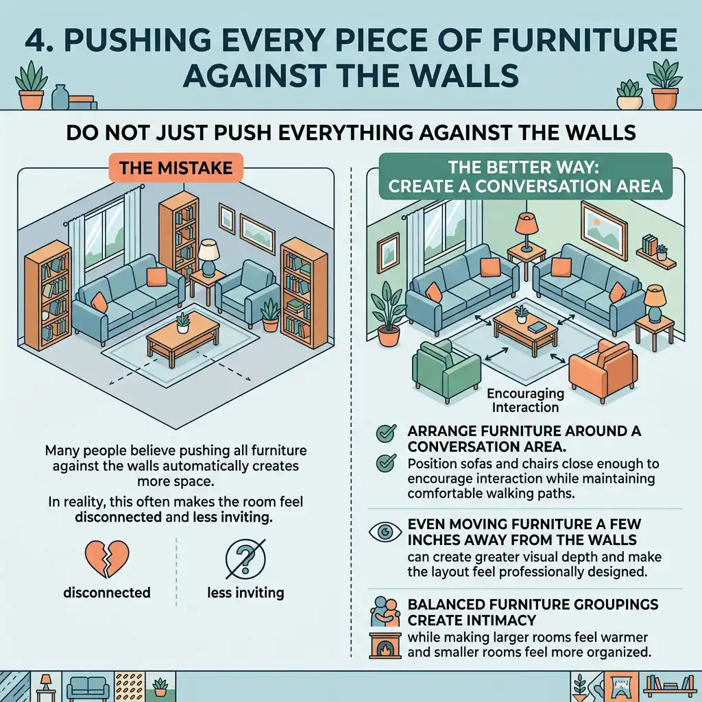 Poorly arranged living room furniture pushed tightly against every wall.