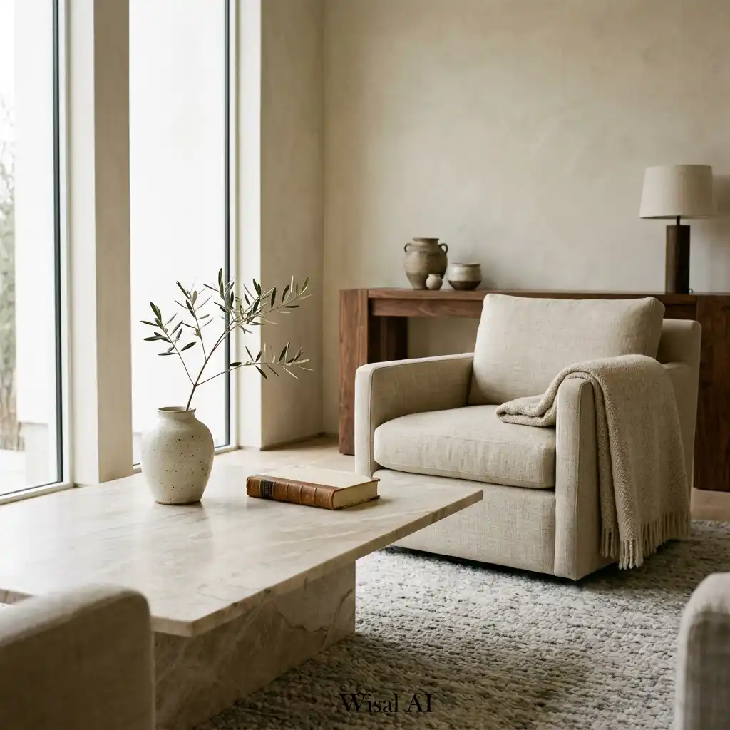 Quiet luxury living room featuring natural stone and linen