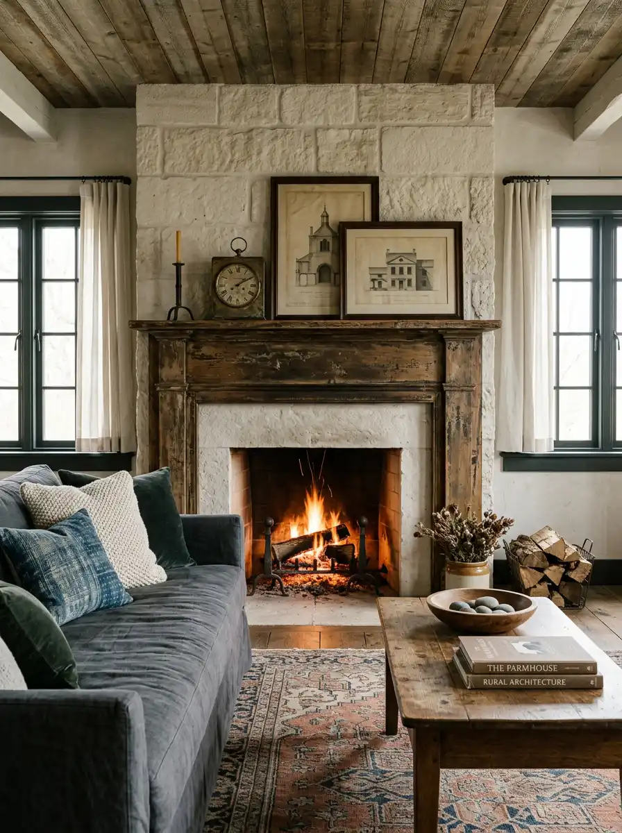 24. The Art of Layering: Refined Fireplace Farmhouse Living Room Idea