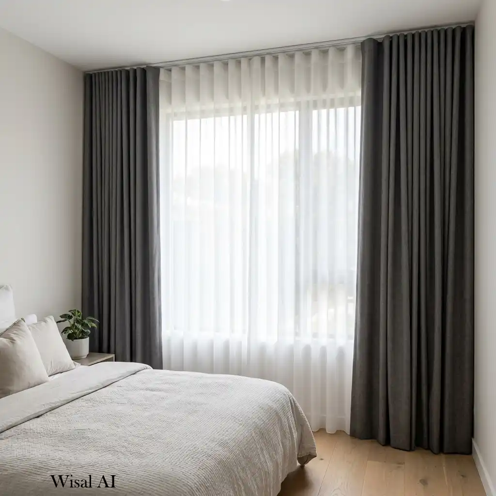 Bedroom featuring sheer curtains layered with blackout drapes.