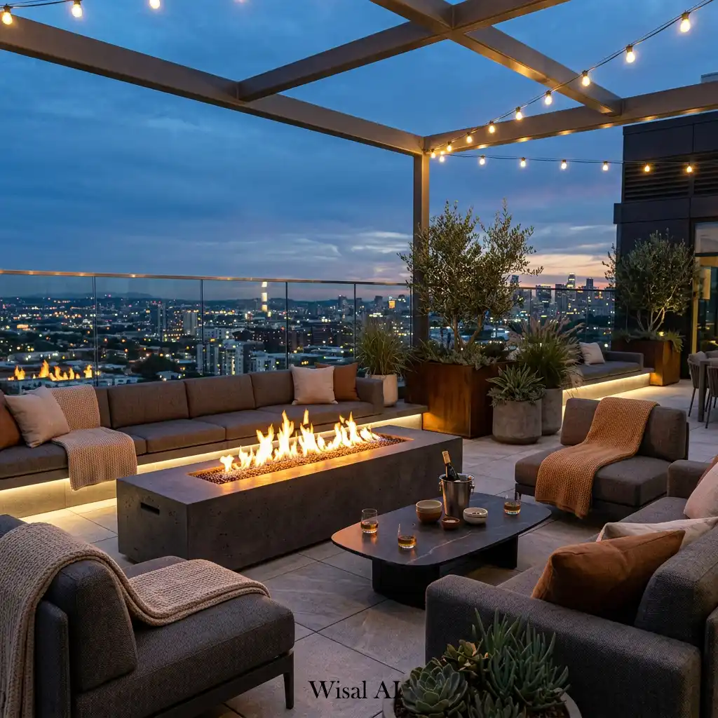 Modern rooftop terrace with a built-in outdoor fireplace and cozy seating