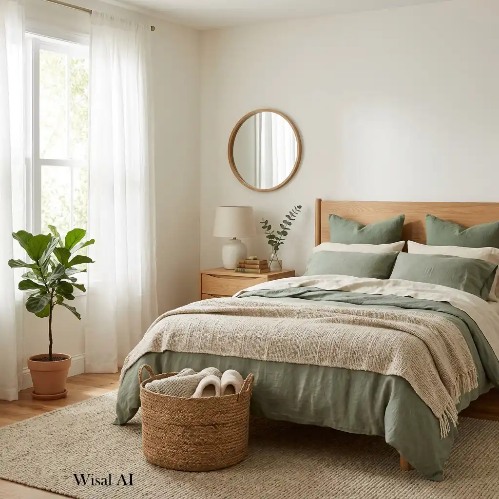 Peaceful sage green bedroom paired with warm white accents and natural wood.