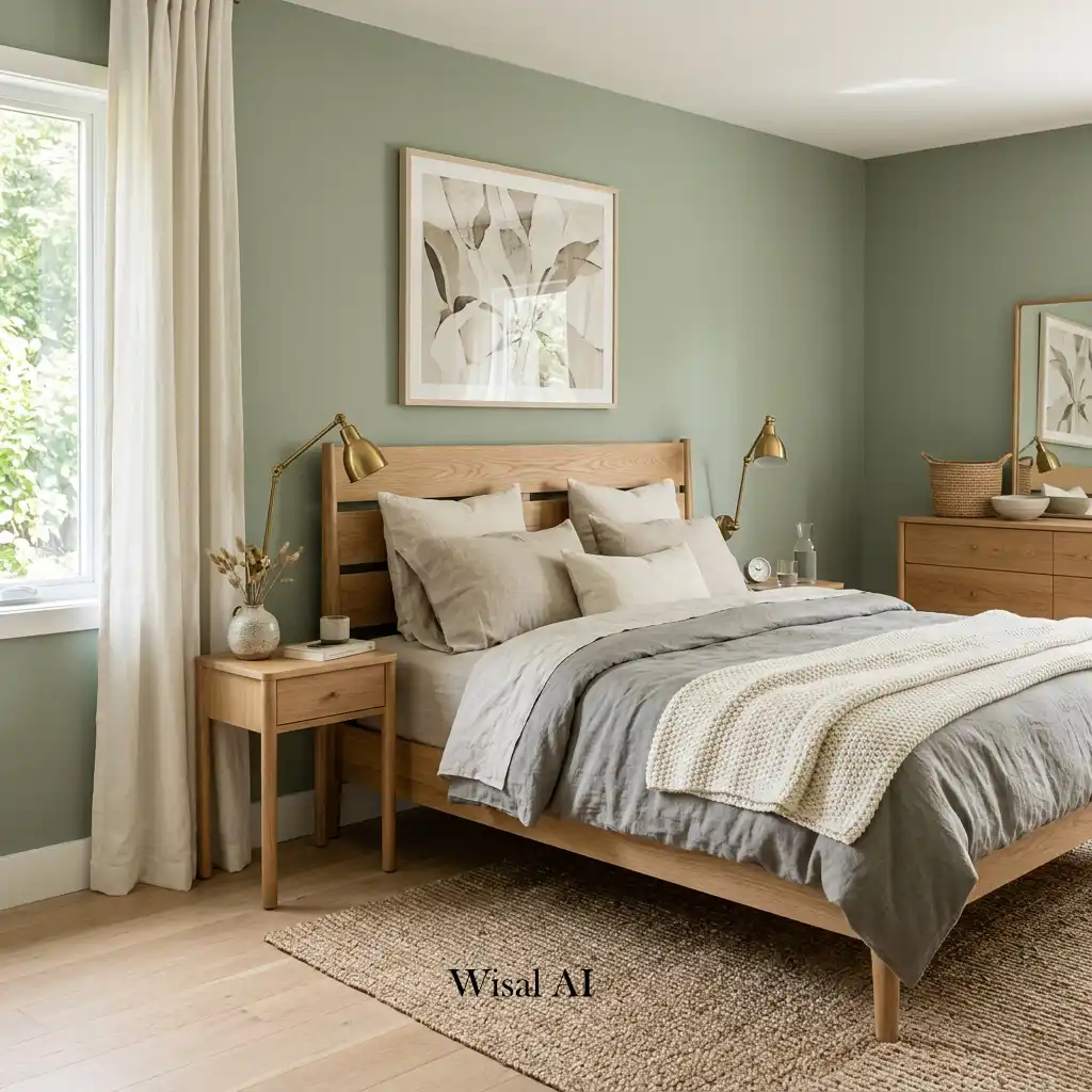 White oak bedroom furniture paired with sage green walls and natural linen textures.
