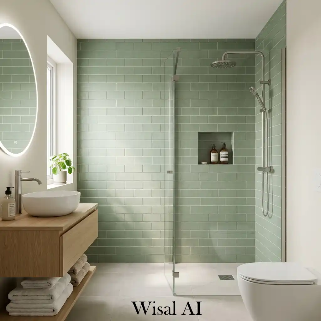 Sage green shower tiles with minimal light bathroom style