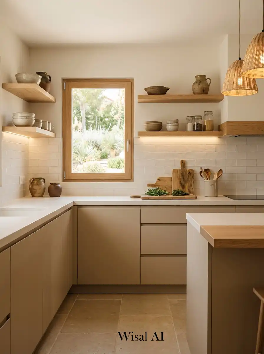 Earthy kitchen design with sand beige cabinetry and off-white walls in a soft natural palette.