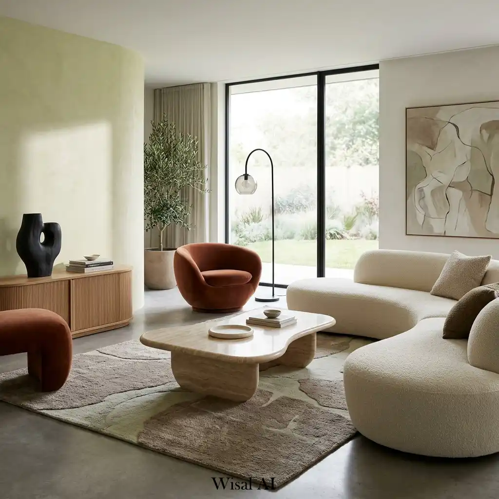 Contemporary living room with sculptural sofa and artistic modern furniture shapes