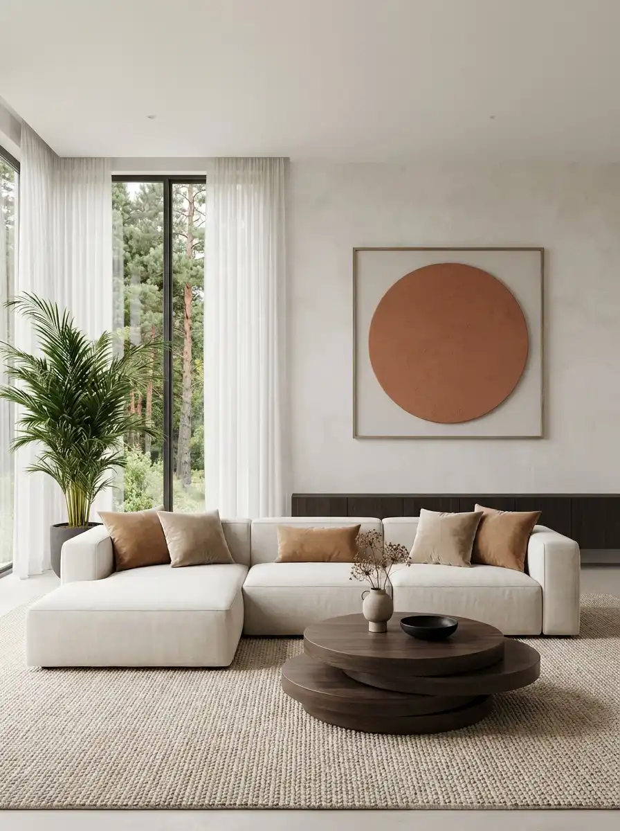 14. Sculptural Minimalism and Light Play: Stunning Living Room Idea