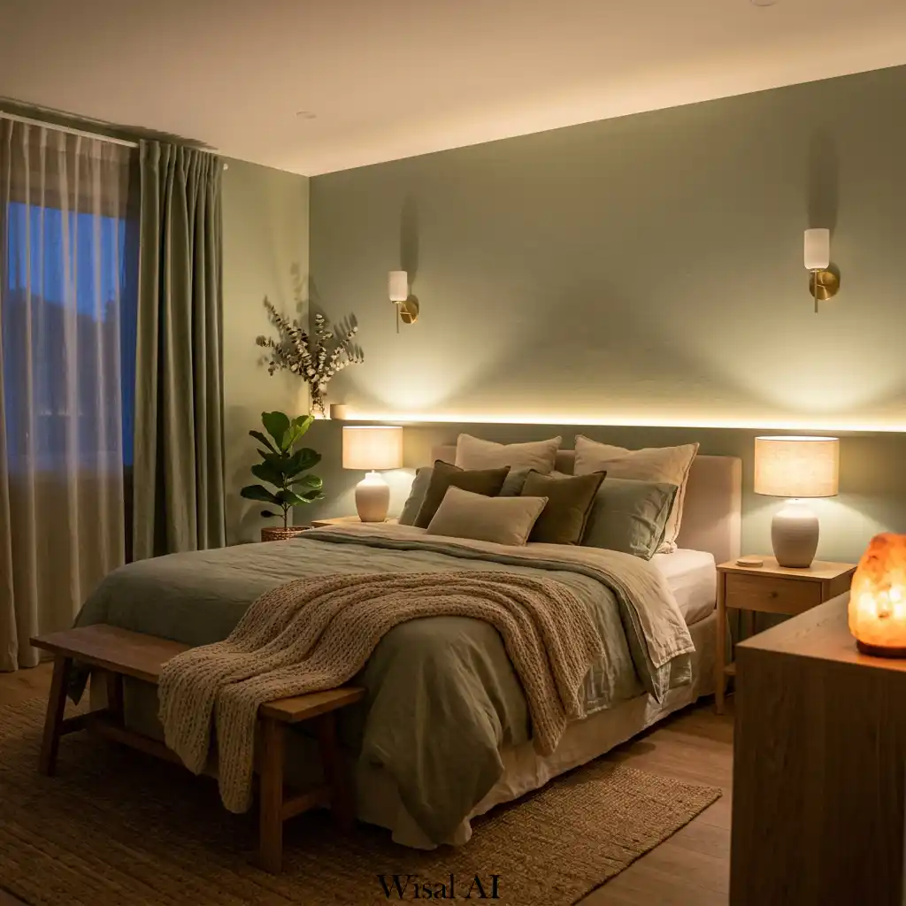 Modern sage green bedroom illuminated with warm ambient lighting creating a soft, calming and restful atmosphere
