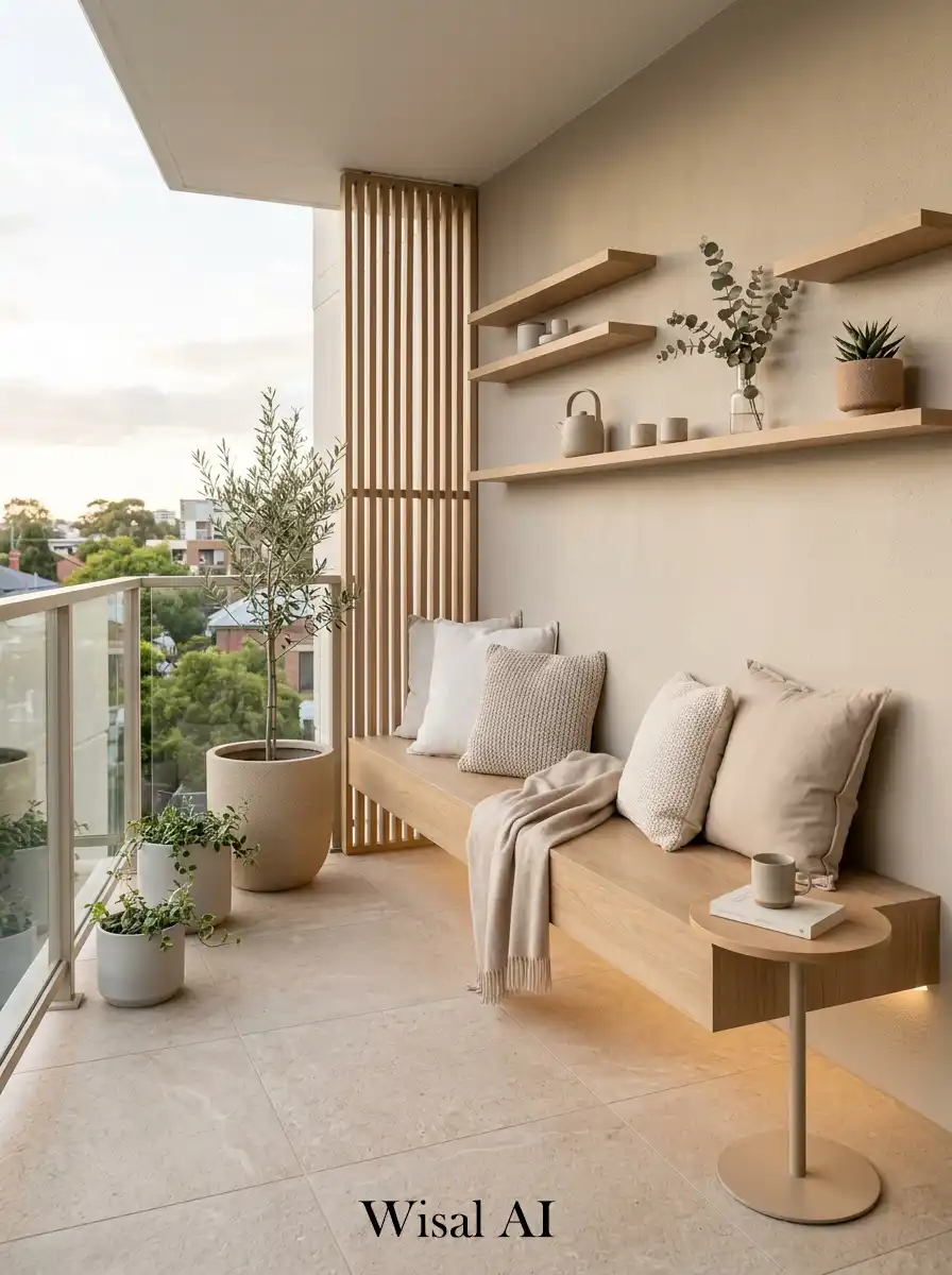 Minimal balcony with floating wooden bench and soft beige tones creating an airy Japandi atmosphere.