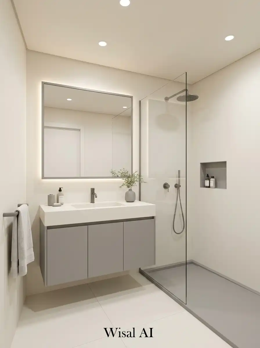 Contemporary bathroom featuring soft gray structure and ivory tones in a clean design.