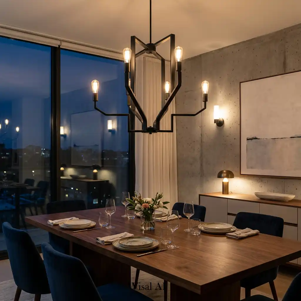 Modern dining room with a dramatic statement chandelier above the dining table