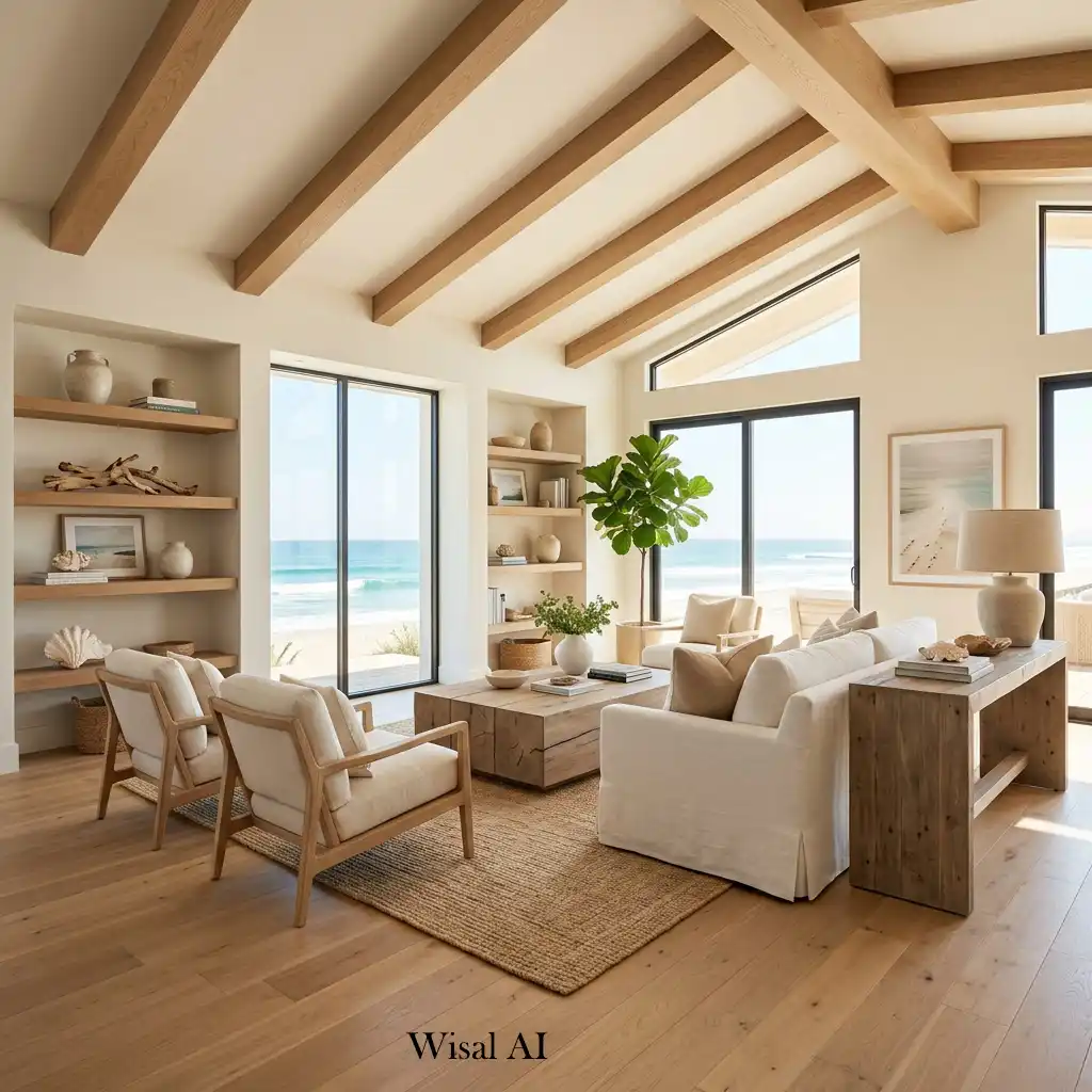 Summer living room with natural wood accents and airy coastal styling.