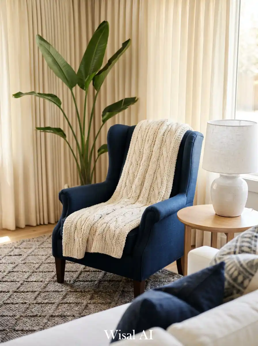 4. Textural Tranquility: Navy Blue and White Living Room Retreat
