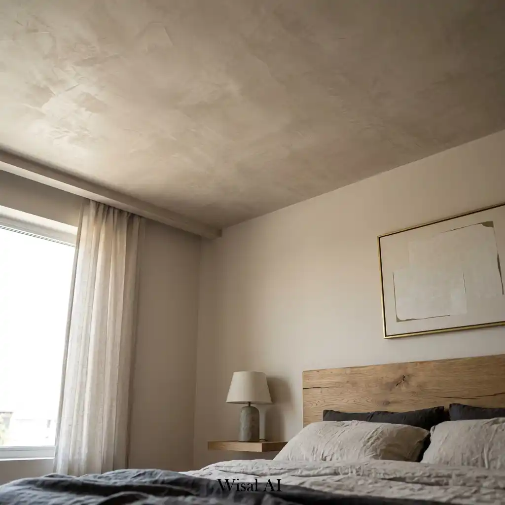 Elegant bedroom with a textured plaster ceiling in soft neutral tones.