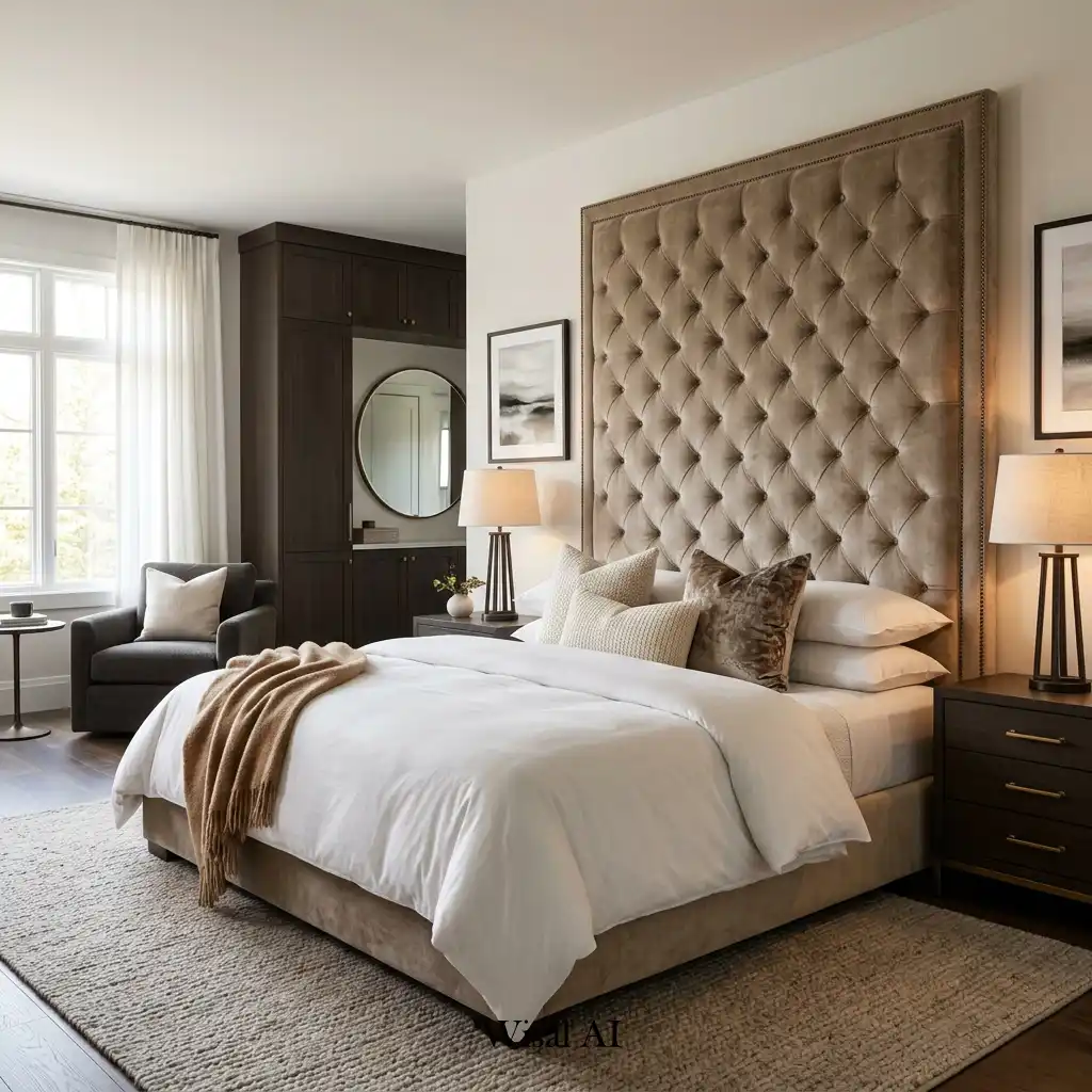 Elegant master bedroom with large upholstered headboard and neutral decor