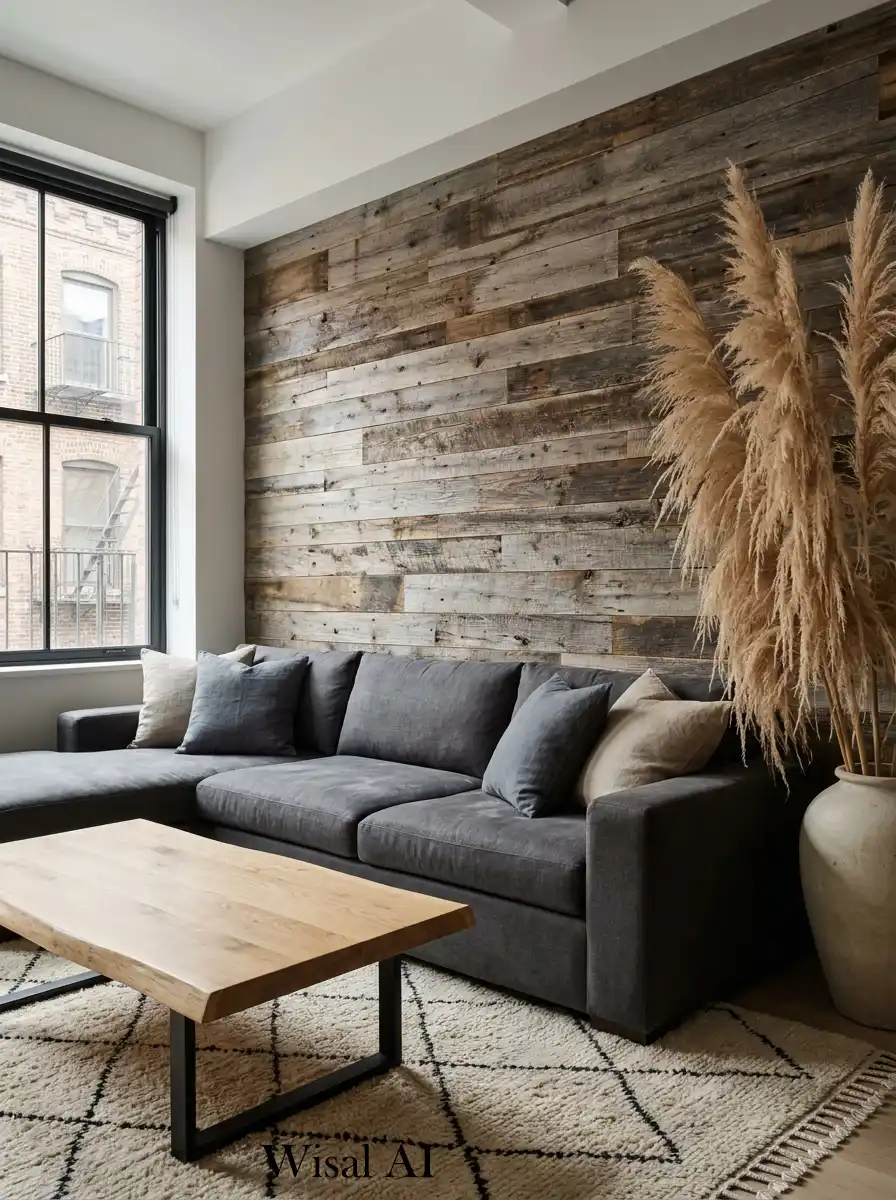 14.Urban Loft Zen: A Serene Black and Wood Living Room Idea