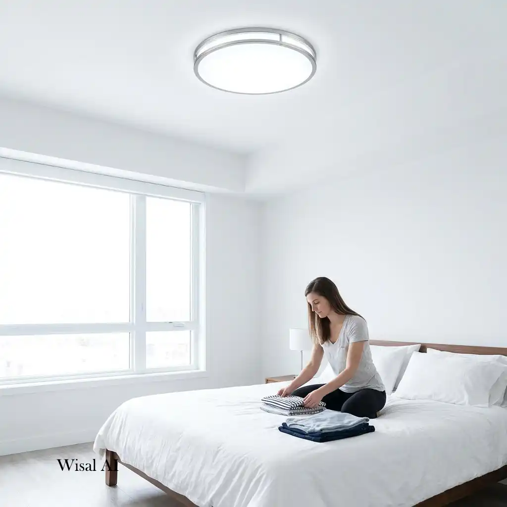 Contemporary bedroom with dimmable lighting that transitions from bright daytime illumination to a relaxing evening ambiance.