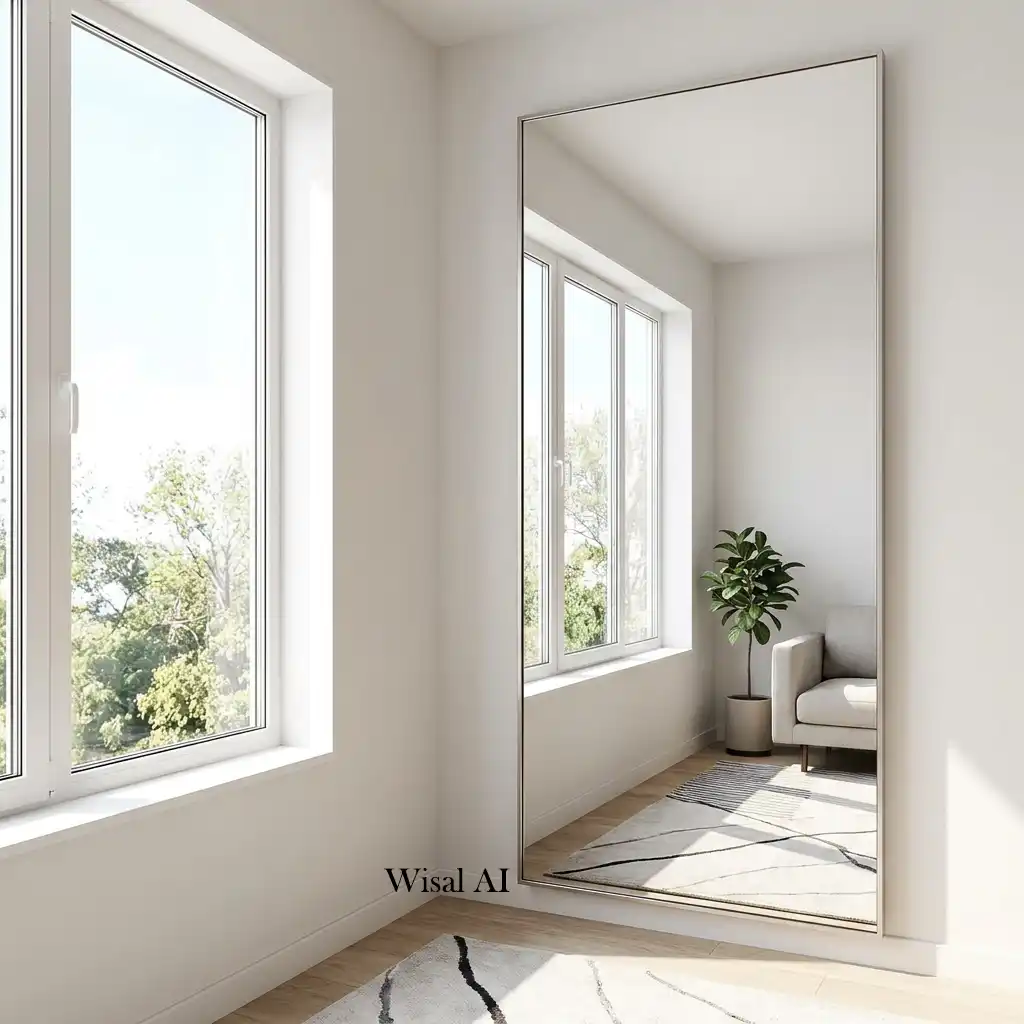 Elegant bedroom with a full-length mirror reflecting natural light to make the space feel larger.