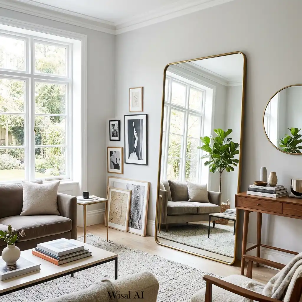Bright bedroom with large mirror reflecting natural light and visual depth.