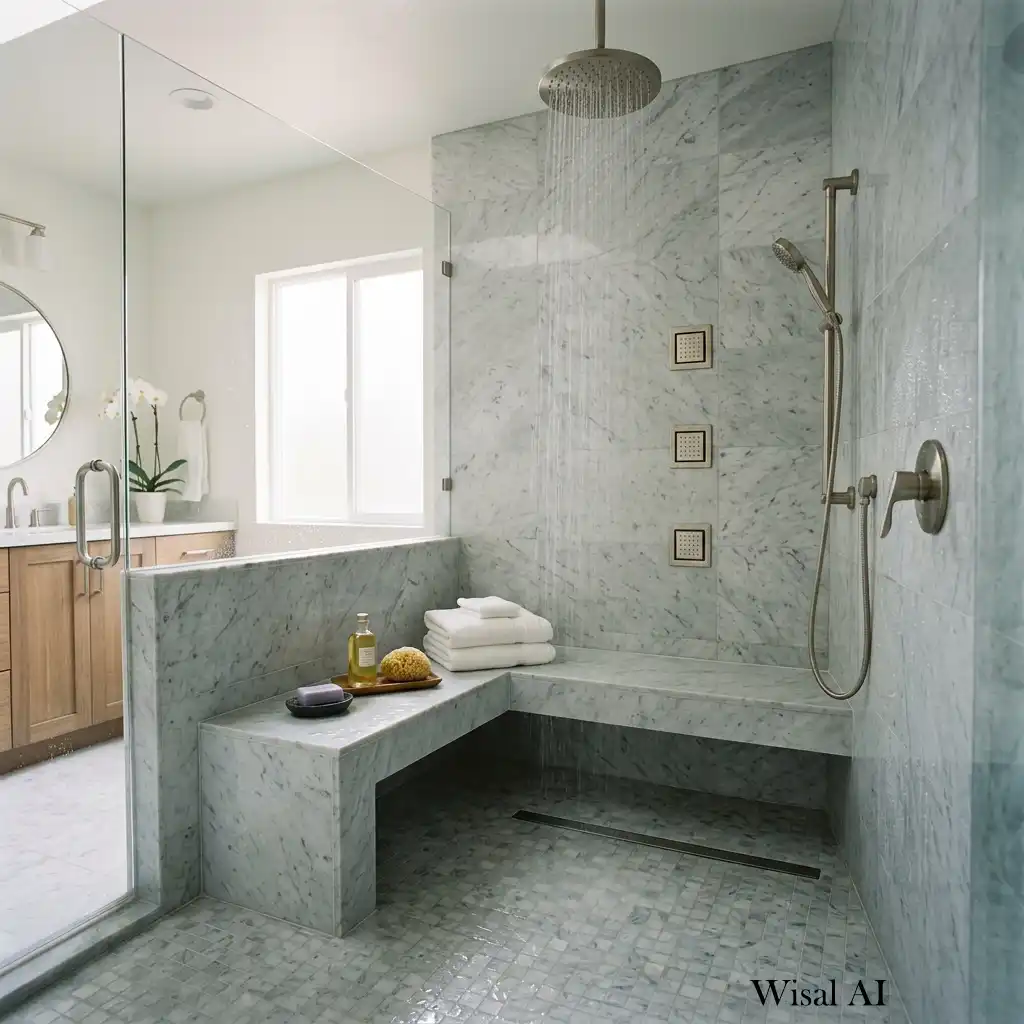 Modern walk-in shower with a built-in stone bench and overhead rainfall shower.