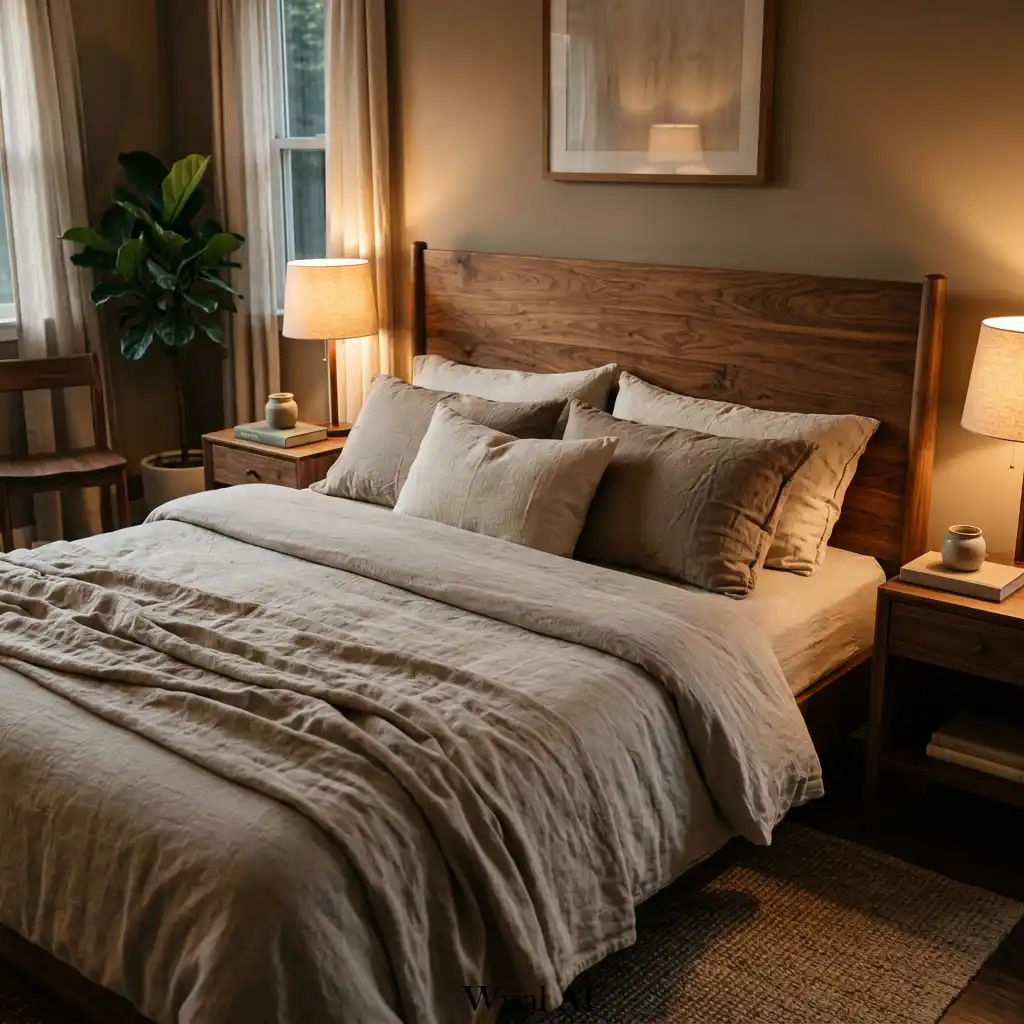 4. Walnut Bedroom Retreat with Soft Linen Layers