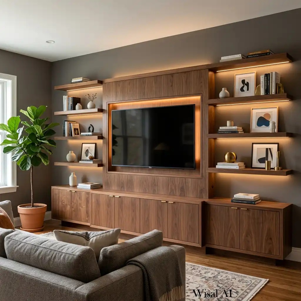 Walnut built-in TV wall with floating shelves and ambient lighting.