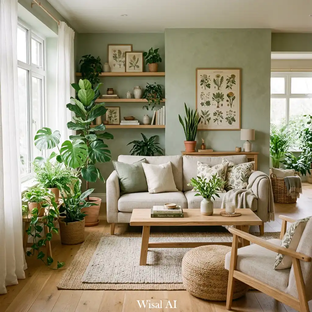 Botanical sage green living room with indoor plants, natural wood furniture, and warm sunlight atmosphere