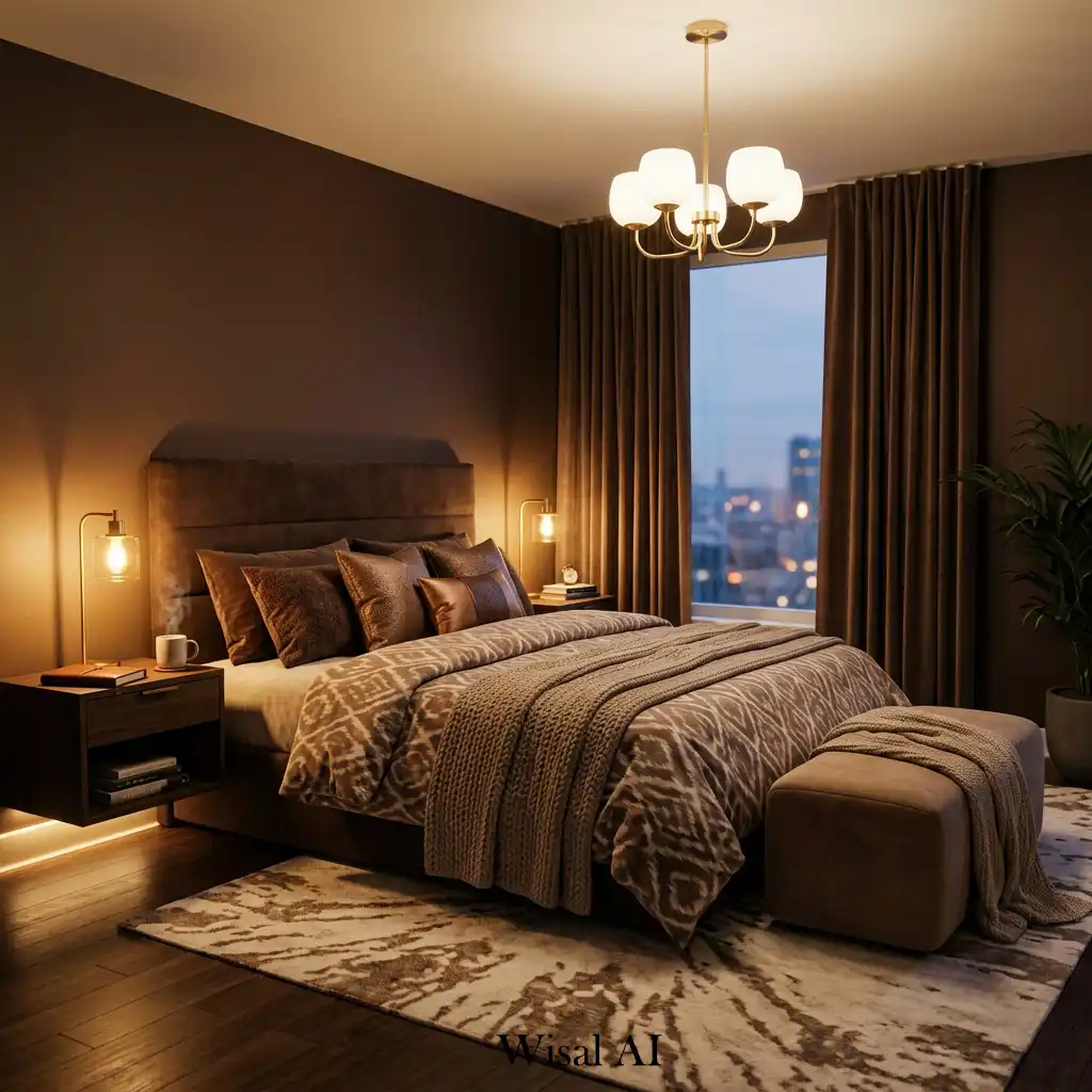 Mocha toned cozy bedroom with warm modern lighting