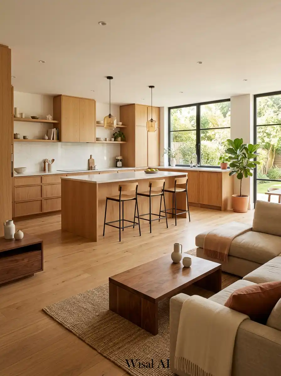 4. Warm Wood Accents Modern Open-Plan Kitchen and Living Room Idea