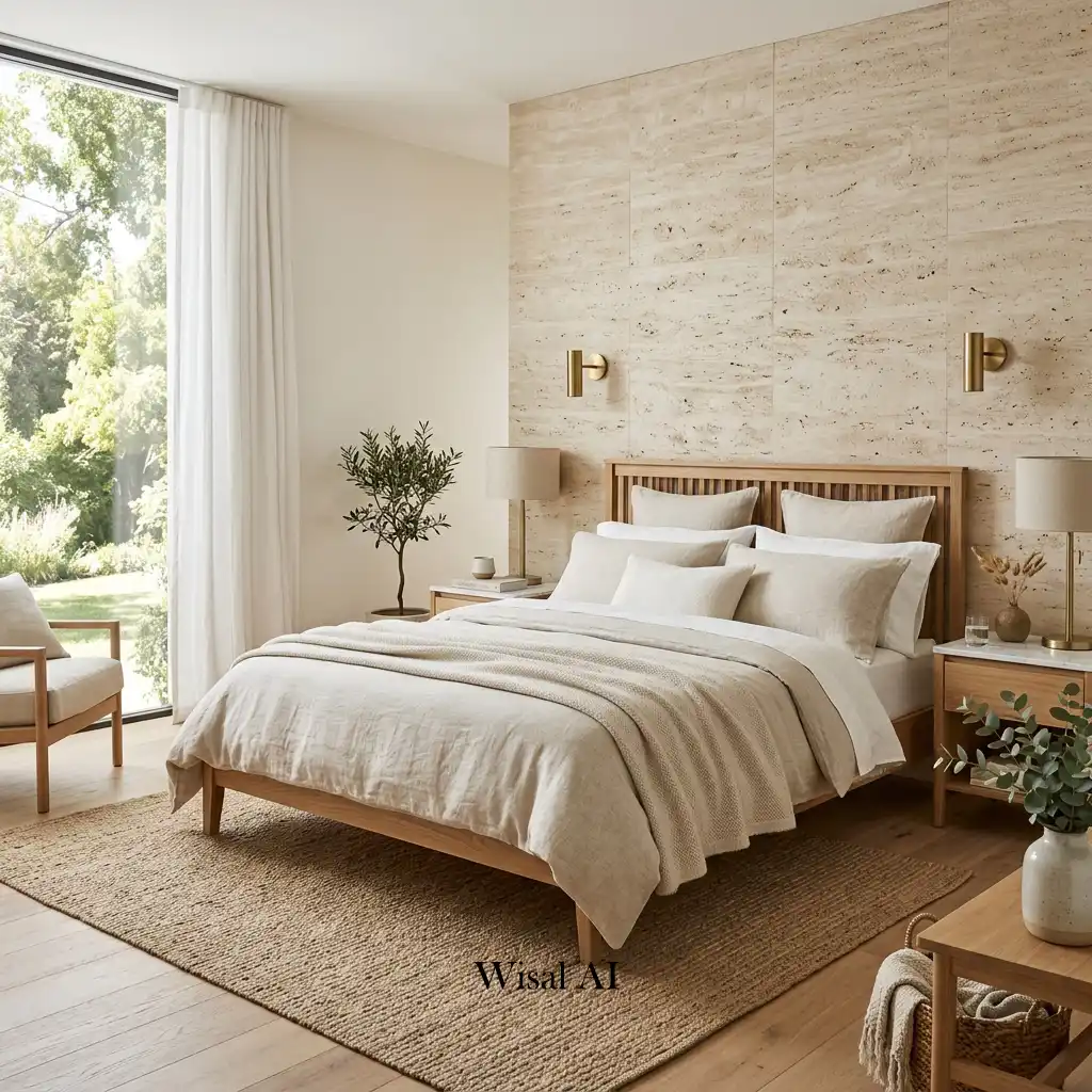 White oak bedroom featuring marble bedside tables and natural stone accents.