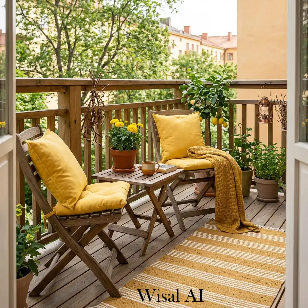 Wooden balcony design with yellow accents and natural warm textures