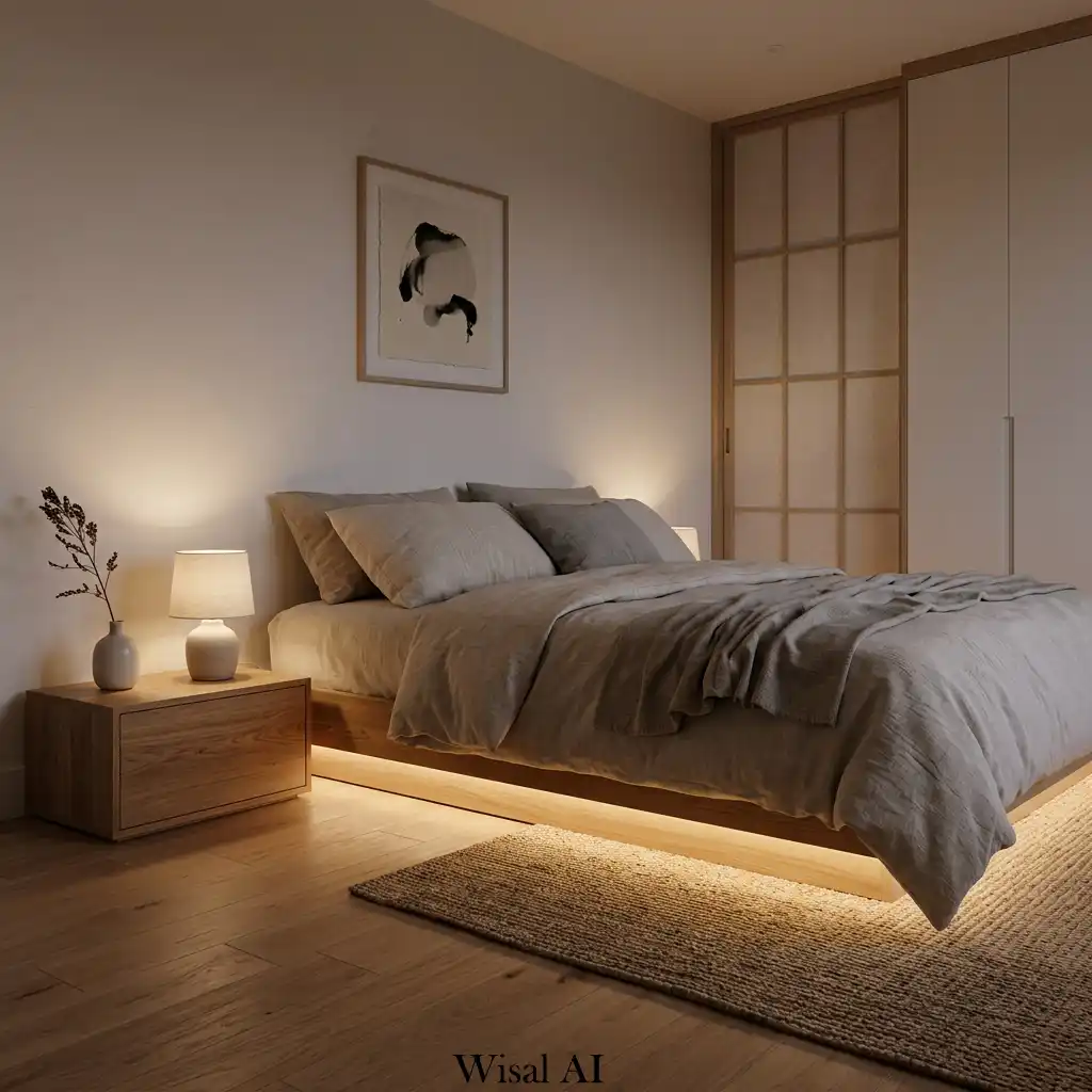Soft floor lighting Japandi calm ambiance