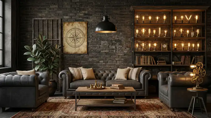 25. A Moody Industrial Living Room Idea: Elegant Velvet, Distressed Rugs, and Edison Bulbs